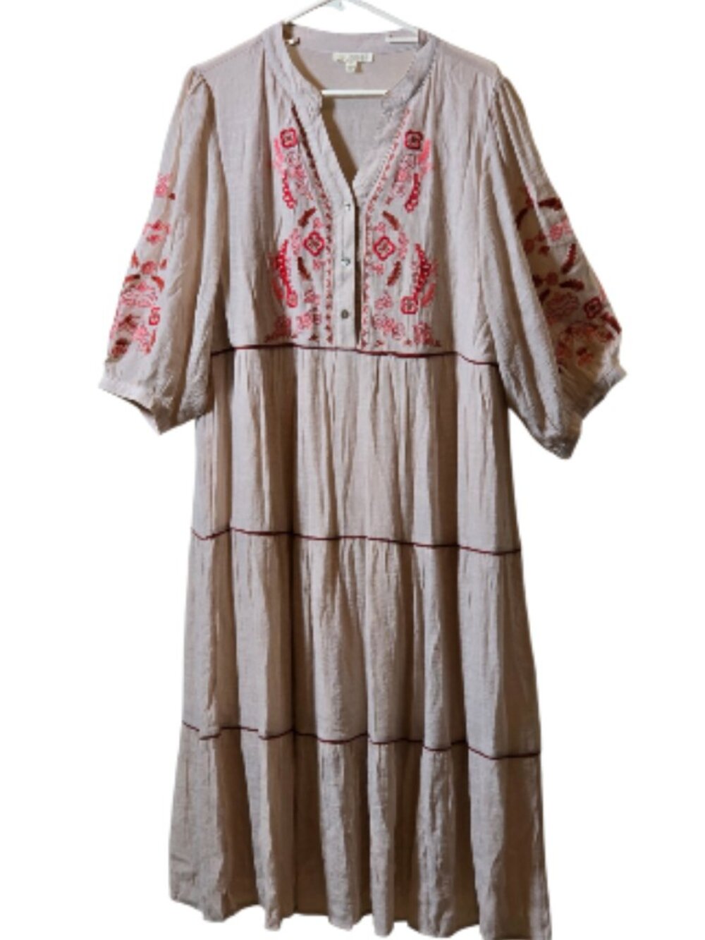 Fig + Flower 1X Embroidered Tiered Midi Dress Boho Peasant Balloon Sleeve